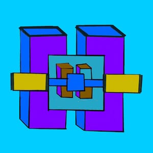May include: Abstract geometric design featuring two purple rectangles with blue and black outlines, connected by a blue rectangle with yellow rectangles on either side. The blue rectangle contains two brown rectangles.