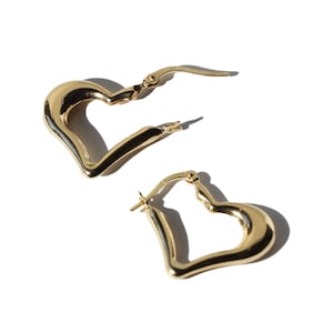 14K Solid Gold Heart Earrings, Hoops Heart Shaped Earrings, Gold Heart Cute Earring Gift for Her