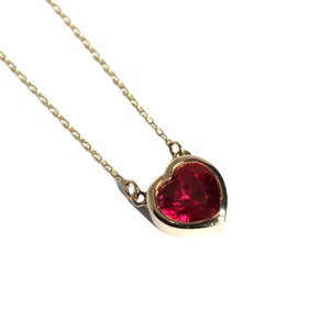 Heart Shape Garnet Necklace 14K Gold , Bezel Hear Pendant January Birthstone Red Dainty Necklace