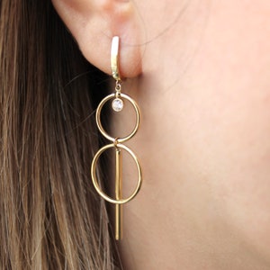 Gold Open Circle Bar Earrings, 14K Geometric Dangle Earrings , Minimalist Modern and Dangle Earrings , Double Circle