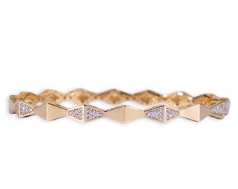 14K Solid Gold Geometric Zircon Bangle Bracelet, Modern Fine Jewelry