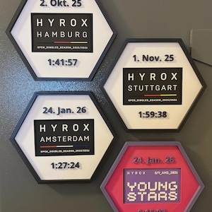 Peut inclure: Quatre plaques hexagonales avec des cadres noirs. Chaque plaque présente le logo HYROX et les détails de l'événement. Les plaques affichent les dates, les lieux (Hambourg, Stuttgart, Amsterdam) et les temps. Une plaque est rose avec le texte "YOUNG STARS".