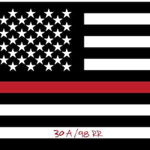 May include: Black and white American flag with a red stripe across the middle. The text "30 A / 98 RR" is written in red at the bottom of the flag.