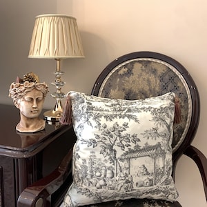 Handmade Tassels Pillow Case 45cm X 45cm Grey Toile De Jouy Fabric, Japanese Pattern Cushion Cover For Bedroom, Livingroom Decoration