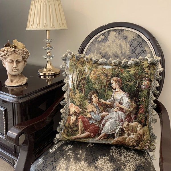 Roméo et Juliette Gobelin Housse de coussin 45 cm X 45 cm, décoration d'intérieur vintage, taie d'oreiller tapisserie 18 pouces X 18 pouces