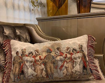 Medieval Style Tapestry Pillow Cover with Fringe, French Royality Gobelin Cushion Cover (35CmX60Cm)