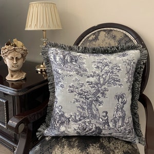French Vintage Style Cushion Covers Home Decoration, 50cmX50cm Grey Toile Jouy Print Pillow Case, ToileDeJouy Cushion Cover With Tassels