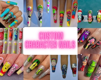 May include: Custom character nail art designs featuring various cartoon characters, including Winnie the Pooh, The Grinch, and characters from the Powerpuff Girls. The text "CUSTOM CHARACTER NAILS" is displayed in pink neon letters.