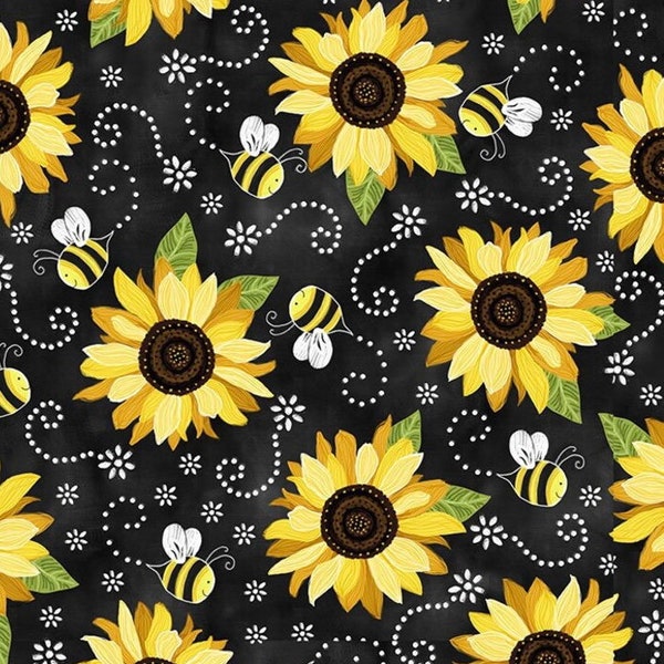 Sunflowers And Bees On Chalkboard Fabric, Sunflowers Cotton Fabric, 100% Cotton Fabric
