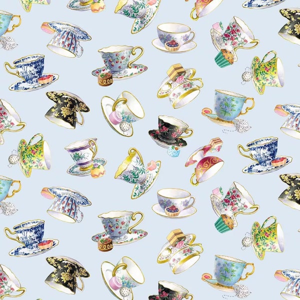 Fancy Tea Teacups Vintage Style Fabric, Tea Party Teatime Carol Wilson Fine Art, Elizabeth’s Studio 100% Cotton Fabric