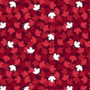 May include: A seamless pattern of red and white maple leaves. The leaves are arranged in a random pattern and overlap each other. The background is a dark red colour.