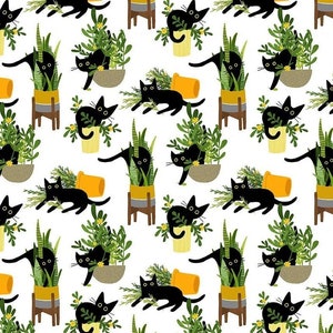 Just Purrlanted On White Dear Stella Fabric, Cat Fabric, Black Cat Fabric Print, 100% Cotton Fabric
