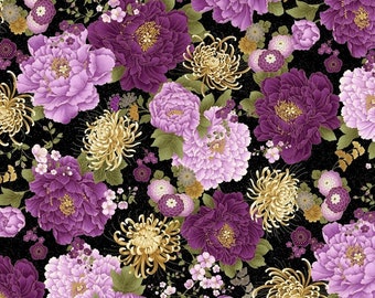 Japanese Purple Floral With Metallic Timeless Treasures, 100% Cotton Fabric