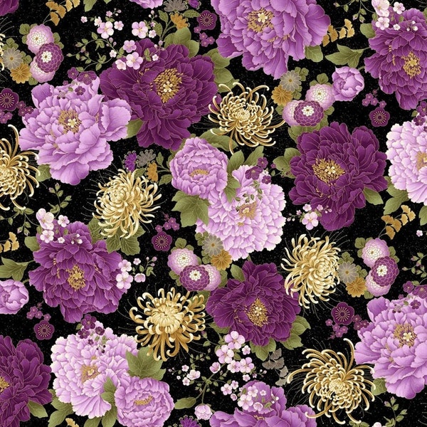 Floral violet japonais avec trésors métalliques intemporels, tissu 100 % coton