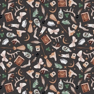 May include: A seamless pattern featuring a variety of whimsical illustrations on a dark grey background. The pattern includes moths, frogs, crystals, stars, feathers, antlers, jars, candles, and brooms.