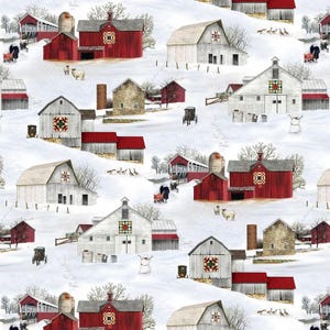 Barns Print Fabric, Winter Snowy Print Fabric, Barnyard Headin’ Home Winter Scenic Elizabeths Studio, Quilting 100% Cotton Fabric, ES 4708
