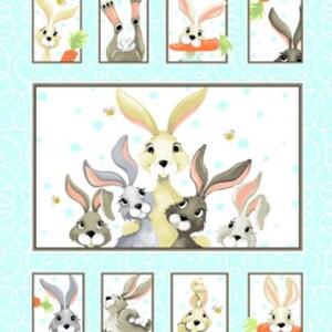 May include: A white background with nine images of bunnies. The centre image shows five bunnies, three with grey fur and two with white fur. The other eight images show individual bunnies in various poses, including holding carrots and upside down.