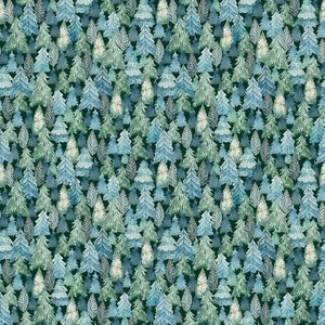 May include: A repeating pattern of watercolor evergreen trees in shades of blue, green, and white. The trees are densely packed, creating a forest-like design on a dark green background.