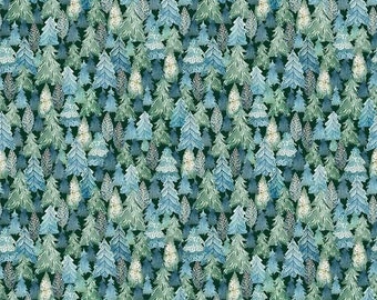 May include: A repeating pattern of watercolor evergreen trees in shades of blue, green, and white. The trees are densely packed, creating a forest-like design on a dark green background.