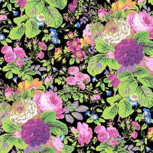 May include: A black background with a floral pattern featuring pink, white, and purple roses, green leaves, and small blue flowers.