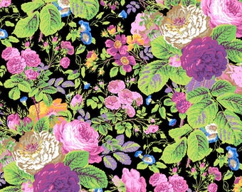 May include: A black background with a floral pattern featuring pink, white, and purple roses, green leaves, and small blue flowers.