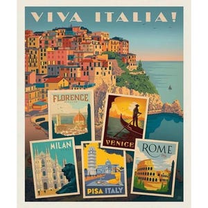 May include: A vintage travel poster with the text "Viva Italia!" and images of famous Italian cities. The poster features a colorful cityscape with a blue ocean in the background. The cities featured are Florence, Venice, Rome, Milan, and Pisa.