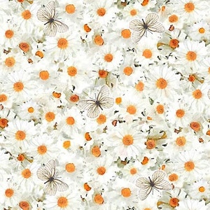 Row By Row White Daisy&#39;s And Butterflies Cotton Fabric CD2136, 100% Cotton Fabric