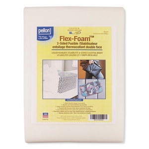 May include: Pellon Flex-Foam 2-Sided Fusible Stabilizer, a white sheet of fabric with a product description and images of bags made with the product. The text reads: "Lightweight Stability & Long Lasting Body."
