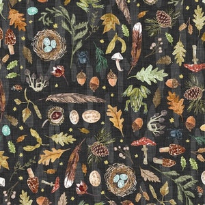 Autumnity, Nature, Forest, Seeds, Mushrooms Leaves, Autumn, Fall, Bird Eggs, Spring Time Fabric, Clothworks 100% Cotton Quilting Fabric