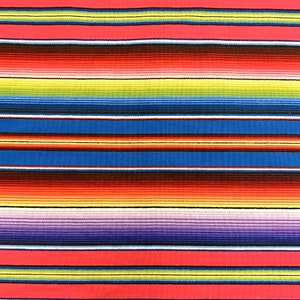 May include: A vibrant fabric with a striped pattern in a variety of colours. The design includes horizontal bands of red, orange, yellow, green, blue, and purple. The material appears to be woven, suitable for textiles or blankets.