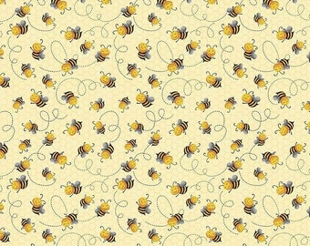Bumble Bee Fabric, Cute Flying Bees On Yellow By Gail Cadden, 100% Cotton Fabric