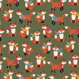 Autumn Days Foxes On Green, Makower, Fox Fabric, Woodland Fox Fabric, 100% Cotton Fabric