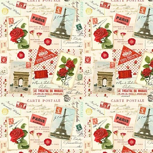 Cartes postales vintage Rose Paris vintage crème, tissu Love, tissu de courtepointe 100 % coton par Timeless Treasures, tissu Saint Valentin CD2201