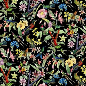 Hummingbird Metallic Gold On Black Background Fabric, Flowers Cotton, Birds Fabric, Elizabeths Studio Fabric, Quilting 100% Cotton Fabric