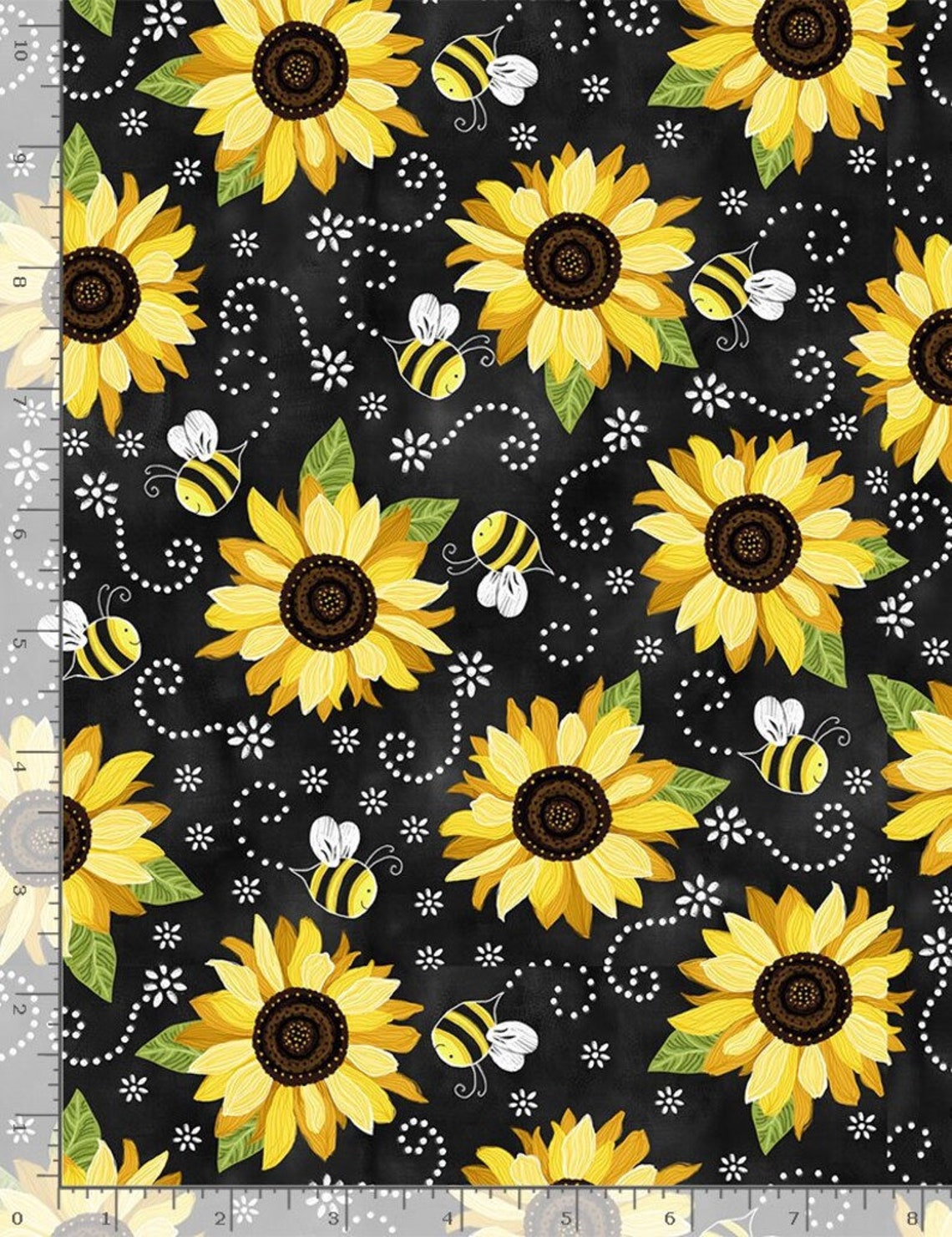 Sunflowers and Bees on Chalkboard Fabric, Sunflowers Cotton Fabric, 100 ...