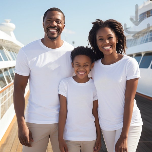 Bella Canvas 3001 African American Family, White Mockup, Black Family on Cruise Ship, Family Male and Female Models Cruising, Lake Mocks