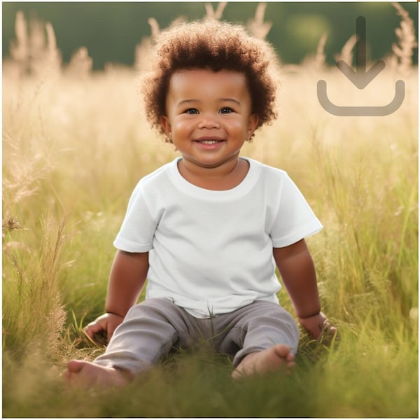 Rabbit Skins 3322 African American Infant White T-Shirt Baby Mockup, 6M - 24M, Child set outside in meadow with natural light during summer