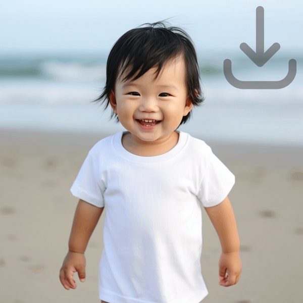 Rabbit Skins 3322 Asian Infant White T-Shirt Baby Mockup, 6M - 24M, Child set outside on soft sand beach with natural light during summer