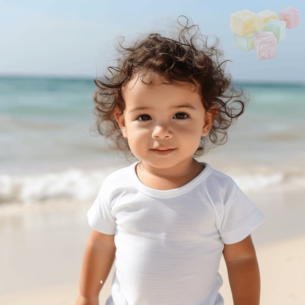 Rabbit Skins 3322 White Infant Mockup, T-Shirt Baby Mock, 6M - 24M mockups, Child set outside on beach with natural light in summer, moc kup