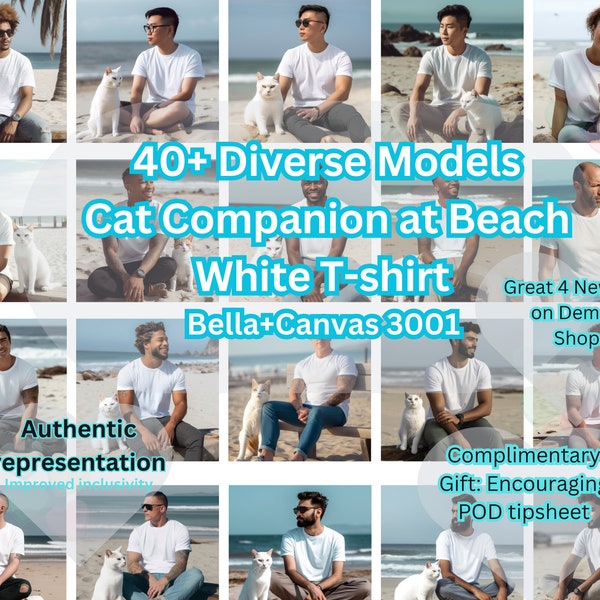 Bella Canvas 3001 Mockup Bundle, Diverse Cats with Models at Beach, T-shirt Mock up Bundle, Bella Canvas Mockup Bundle On Beach Background
