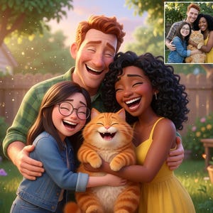 May include: A stylized digital illustration of a family of three and an orange tabby cat, all smiling broadly. The group includes a man in a green shirt, a woman in a yellow dress, and a girl with glasses in a denim jacket, holding the cat.
