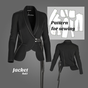 May include: A black tailored jacket with white stitching detail and a belt. The jacket has a shawl collar and a long, flowing back. The image also includes a pattern for sewing the jacket.