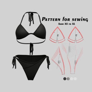 May include: Black bikini sewing pattern with instructions for sizes XS to XL. The pattern includes a halter top and a high-waisted bottom with tie sides.