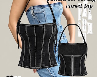 Sömnadsmönster för korsetttopp med bara axlar i PDF-format | Bustier-topp med kort topp för kvinnor XS-XL | Direkt nedladdning