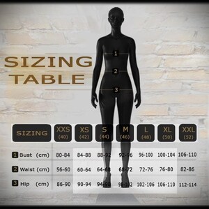 May include: A sizing table with bust, waist, and hip measurements in centimeters, ranging from XXS to XXL. The table includes a black mannequin with numbered measurement points and the text "SIZING TABLE".
