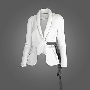 May include: A white blazer with a unique design, featuring a shawl collar and a black belt that wraps around the waist. The blazer has a textured fabric and visible stitching details. The tag reads "SaLi colle".