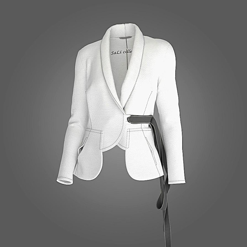 May include: A white blazer with a unique design, featuring a shawl collar and a black belt that wraps around the waist. The blazer has a textured fabric and visible stitching details. The tag reads "SaLi colle".