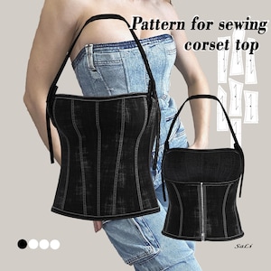 Puede incluir: Top corsé de mezclilla negra con costuras verticales y cremallera. La imagen incluye el texto "Pattern for sewing corset top" y un diseño de patrón. El top corsé tiene una correa y se muestra en una persona.