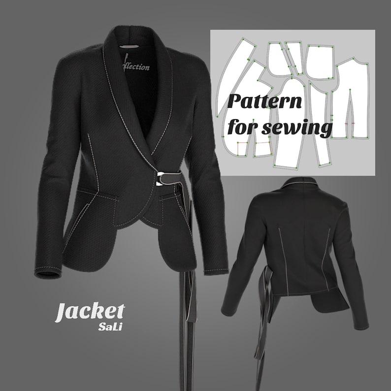 May include: A black jacket with white stitching and a belt buckle closure. The jacket has a unique asymmetrical design and is displayed with a pattern for sewing. The text "Jacket Sali" is at the bottom.