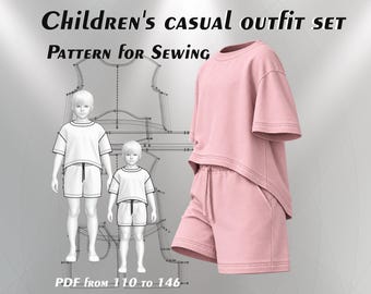 Mönster för barnset med överdimensionerade t-shirts och shorts | Fickor, åldrar 4-11 (PDF-nedladdning)